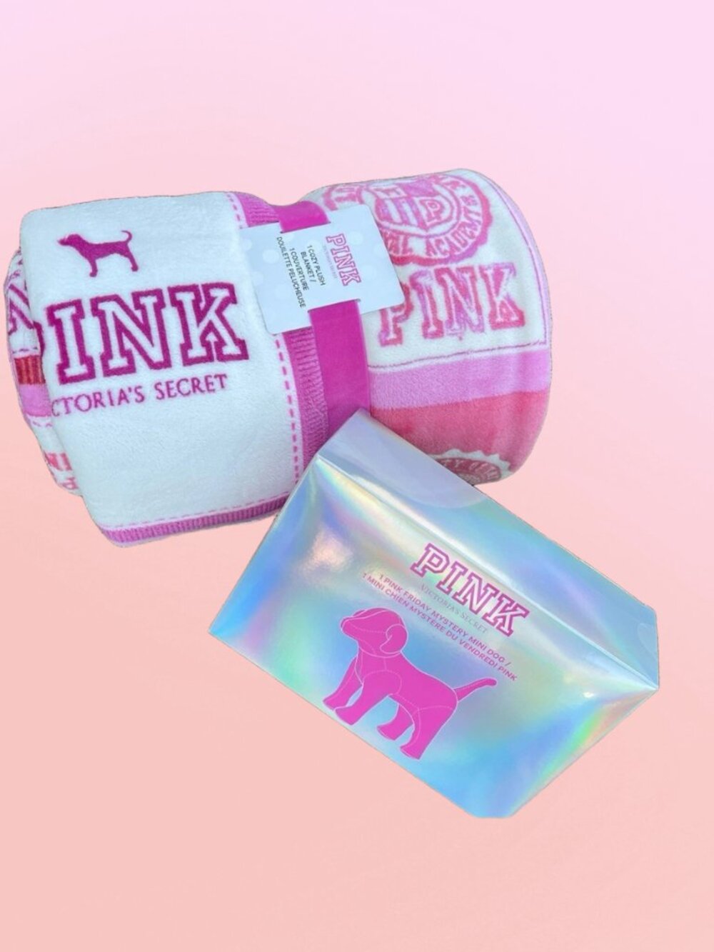 Victorias Secret Pink Plush Cozy Fleece Blanket & Mystery Dog NWT
